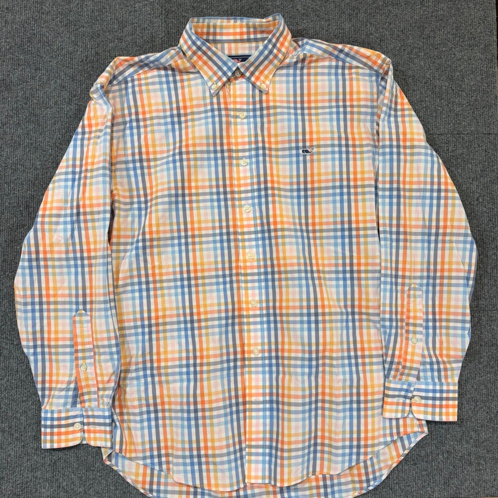 Vineyard Vines Mens Whale Shirt Orange Blue Plaid Button Down Cotton Large